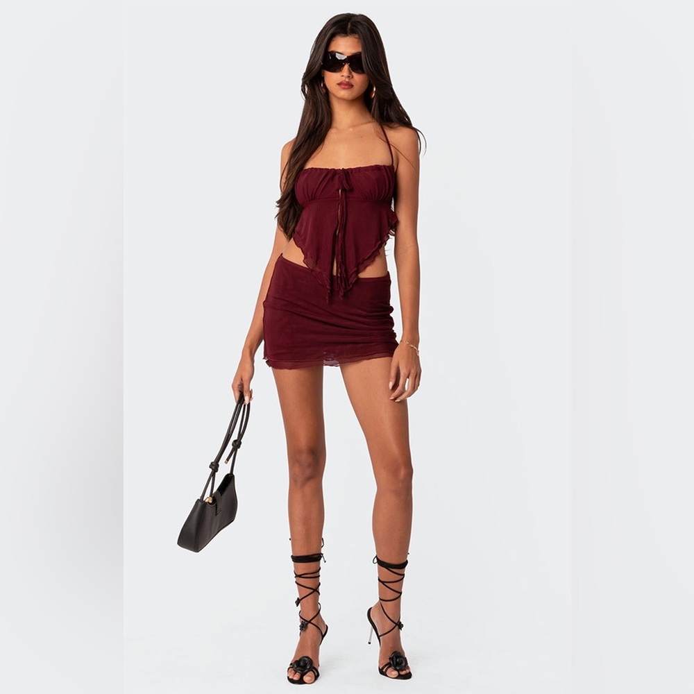 Edikted Ariyah Open Tie Back Ruffle Mesh Top - Picture 2 of 8